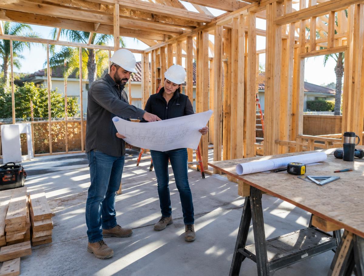 Illustrative construction professionals reviewing residential framing plans